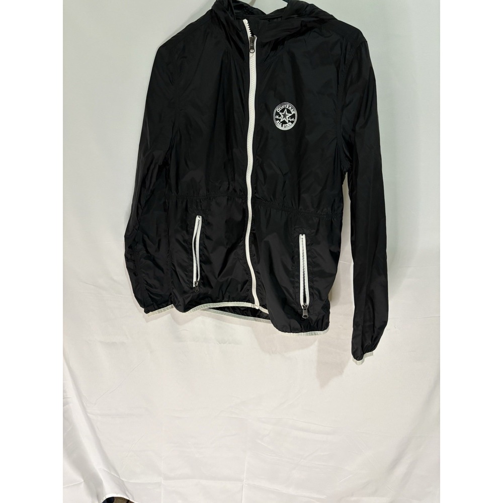 Converse Windbreaker Lightweight Jacket Womens Medium Black Full Zip Hooded